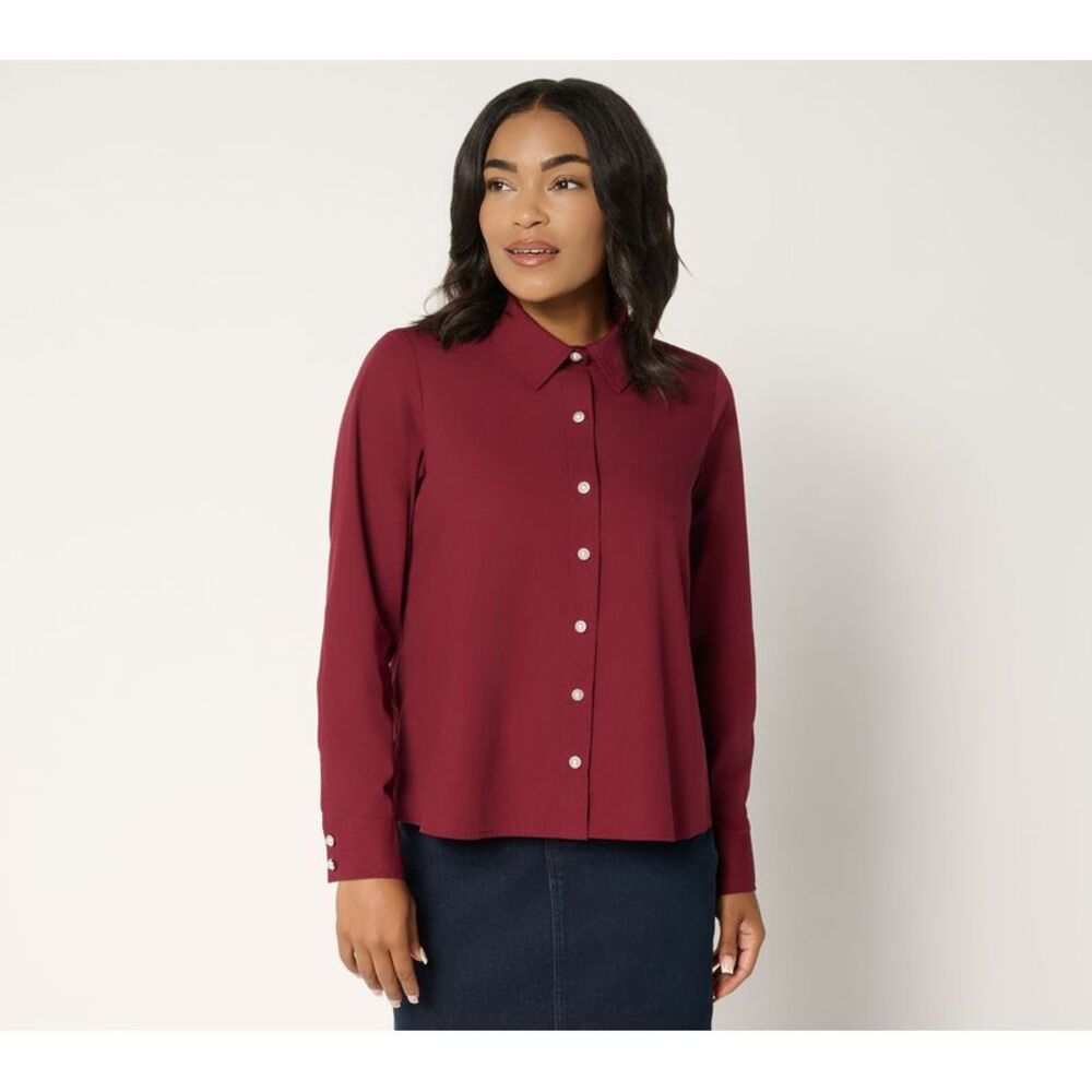 Women Control Women's Top Sz XL Poplin Pearl Button Down Red